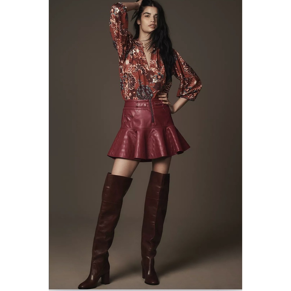 NWT Pilcro Fit-and-Flare‎ Faux-Leather Mini Skirt Red Wine Size 12
